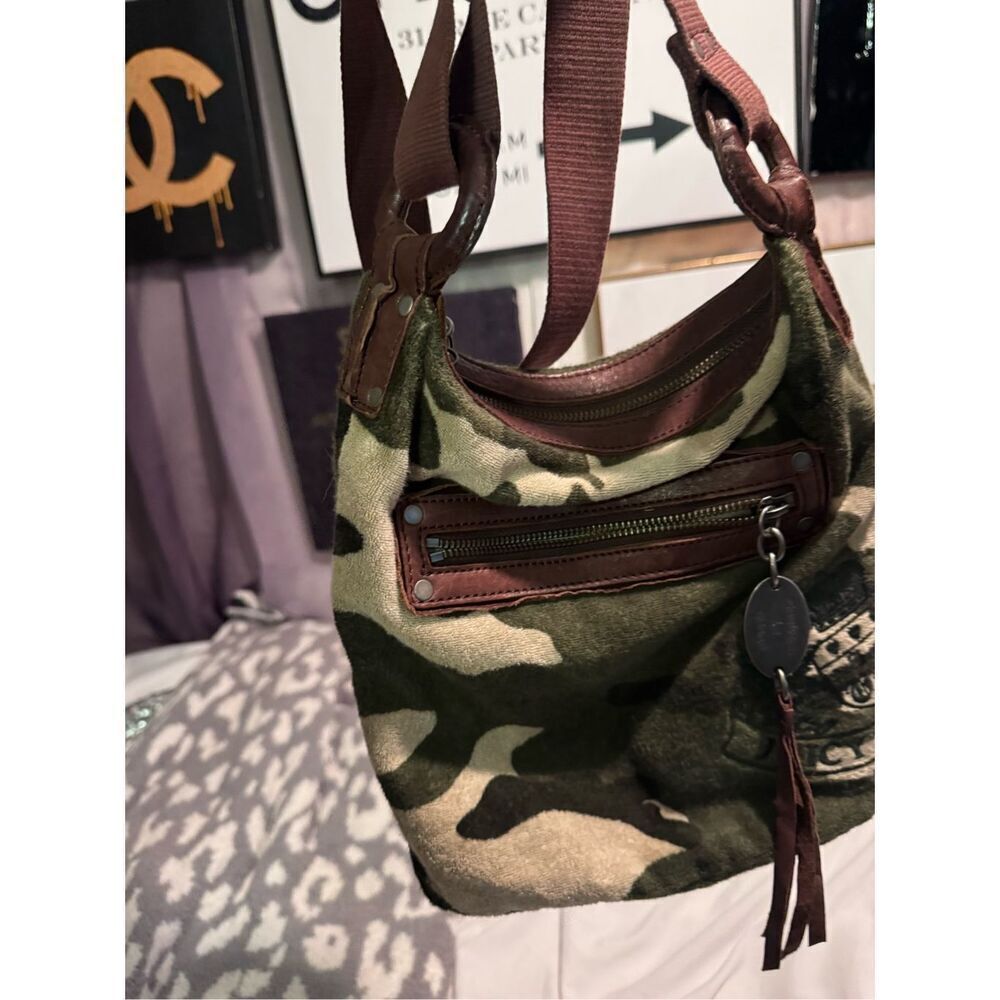 Vintage y2k green brown camouflage camo velour juicy couture crossbody purse